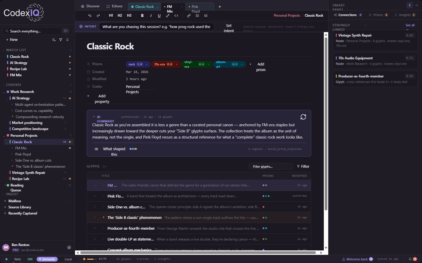 CodexIQ in dark mode showing the same workspace with the Smart Panel expanded