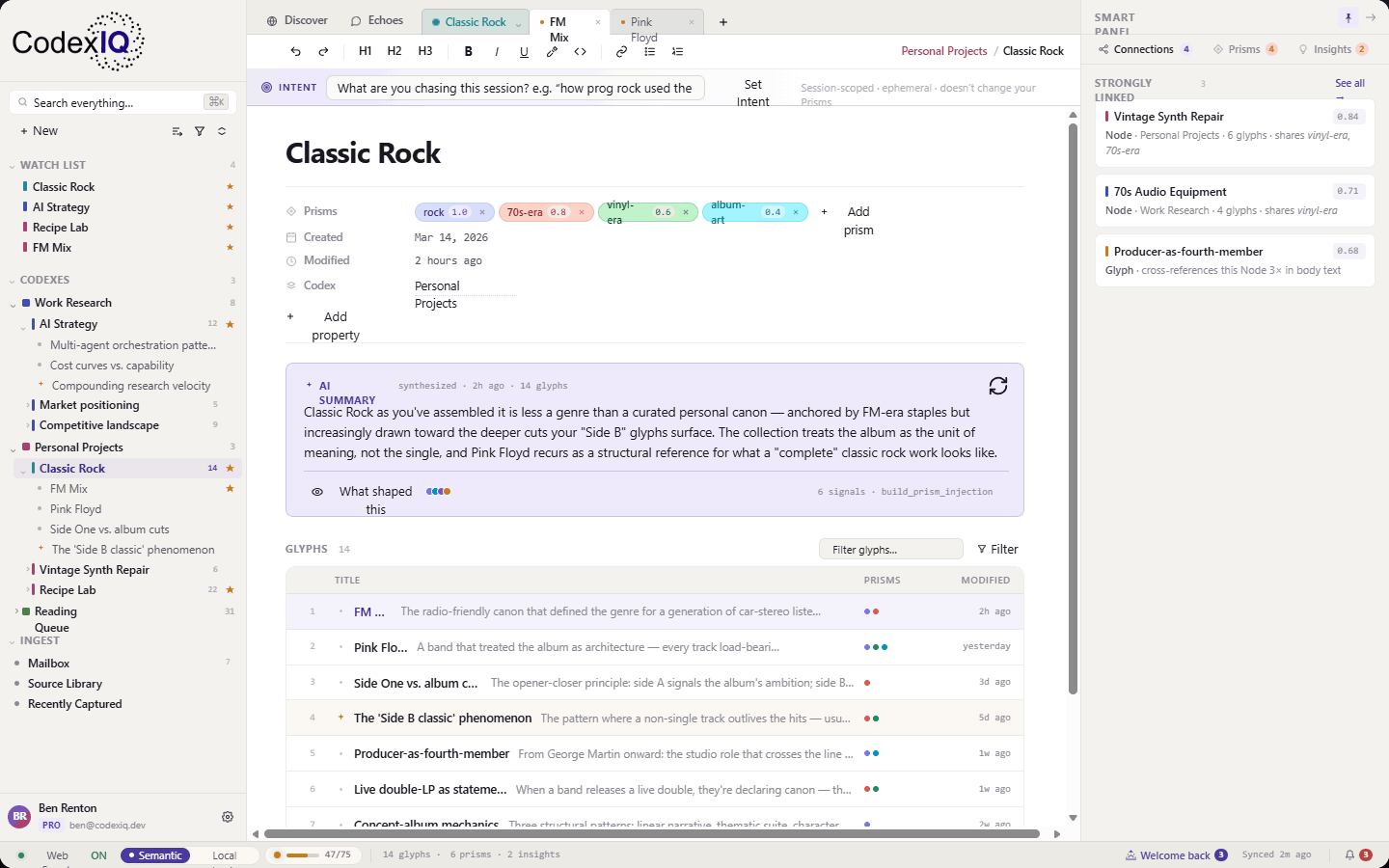 CodexIQ workspace — a Classic Rock node with Prisms, an AI summary, the Smart Panel, and a list of glyphs